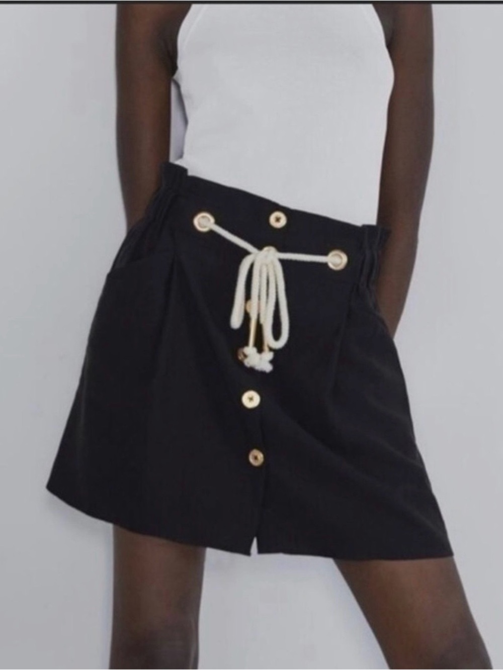 Zara Black Mini Skirt with Cream Rope Tie and Gold Buttons